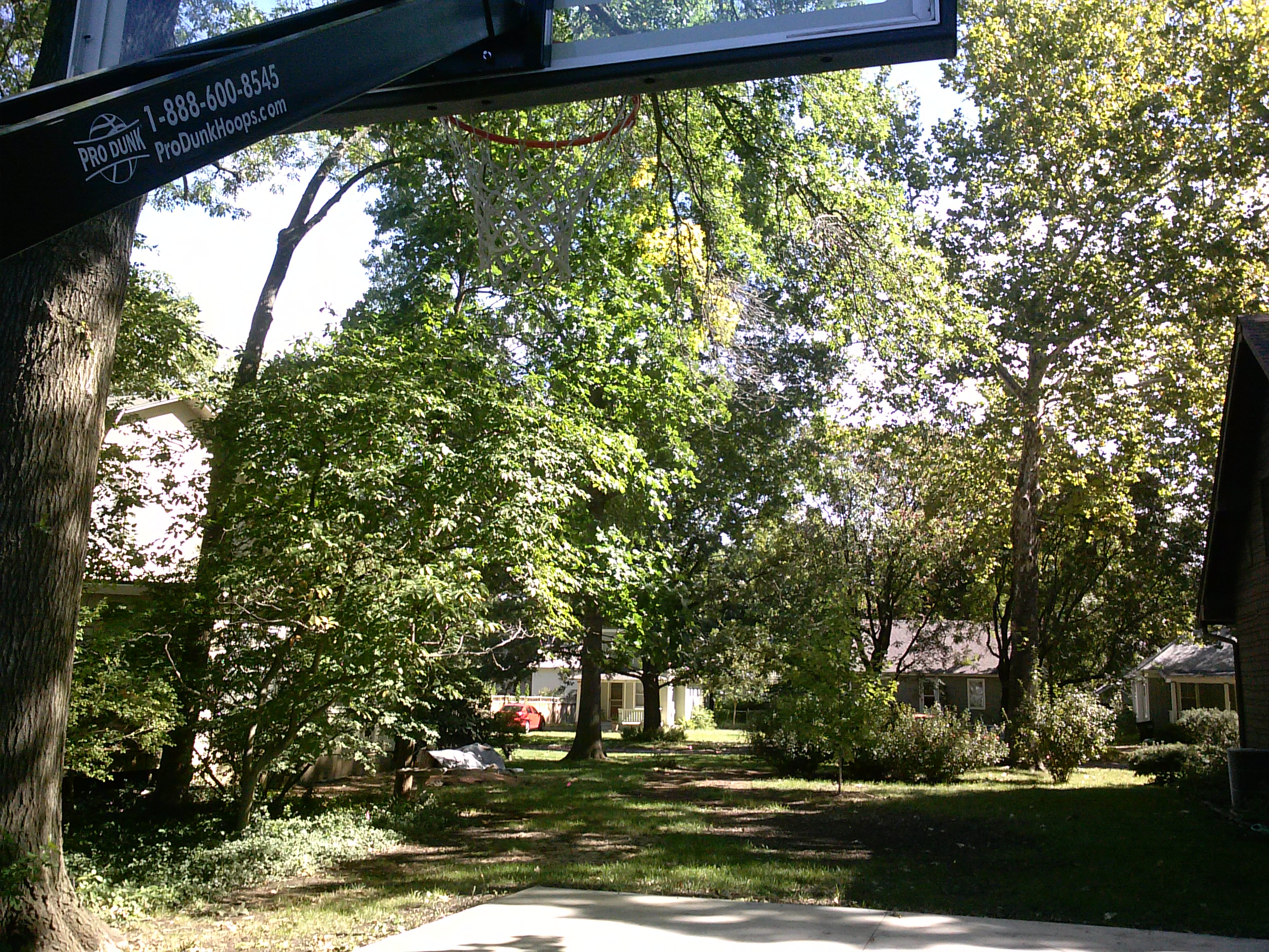 This behind the goal view shows the Pro Dunk Platinum Basketball installed in this Kansas backyard.