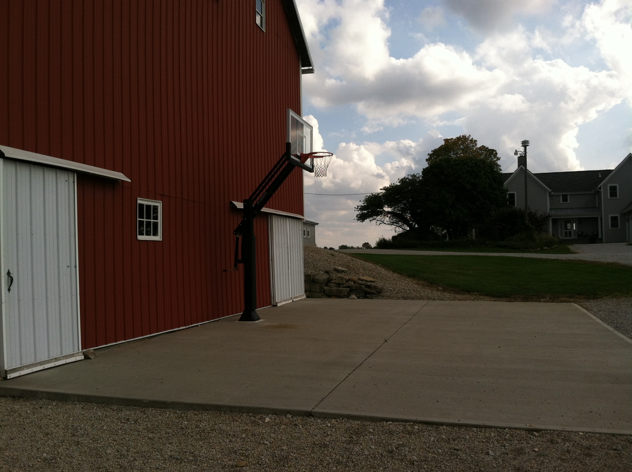 Alongside this Ohio barn stands this Pro Dunk Gold Basketball system.