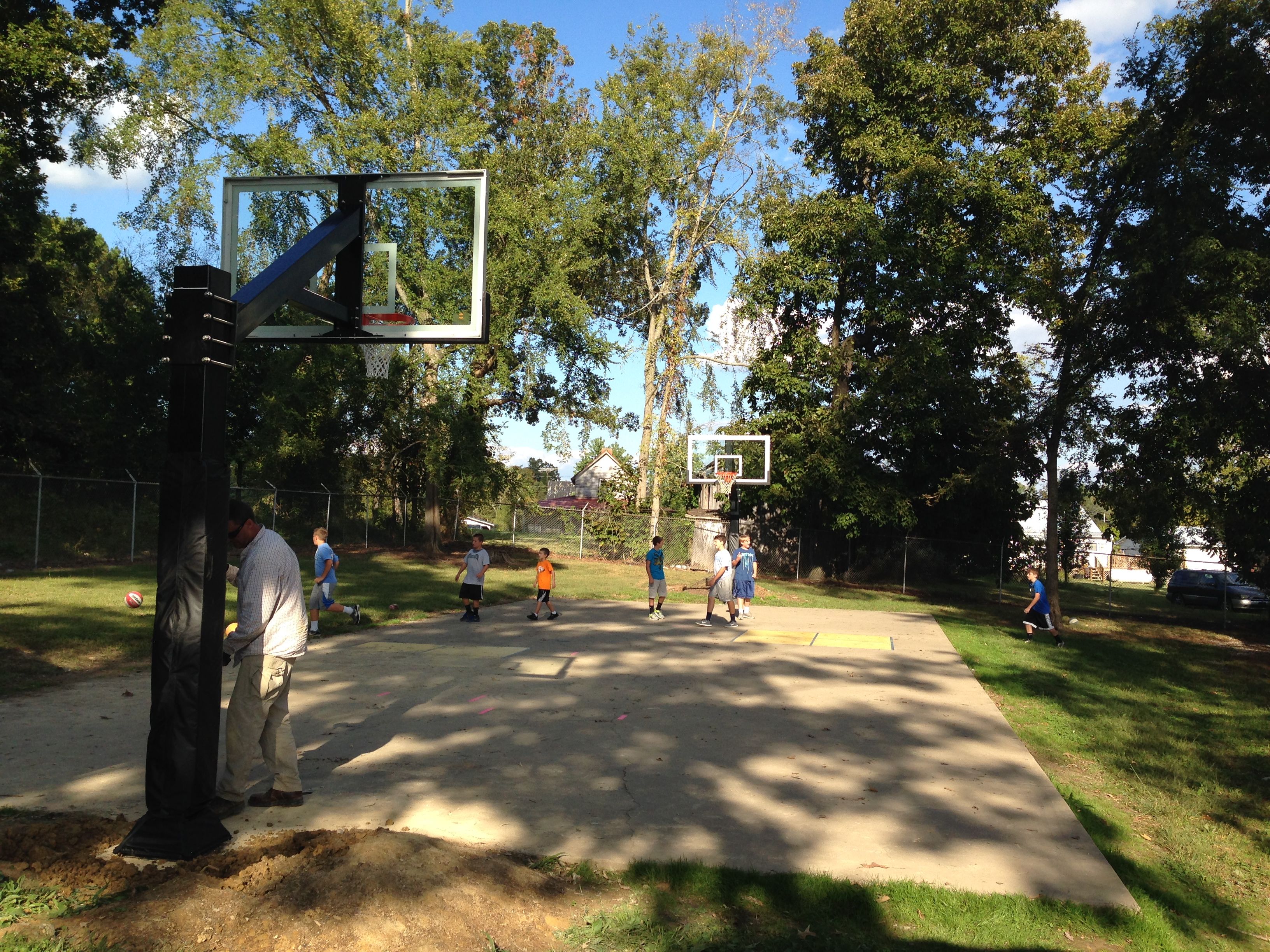 This Hercules Diamond Basketball system sits nestled among tall trees under a blue sky.