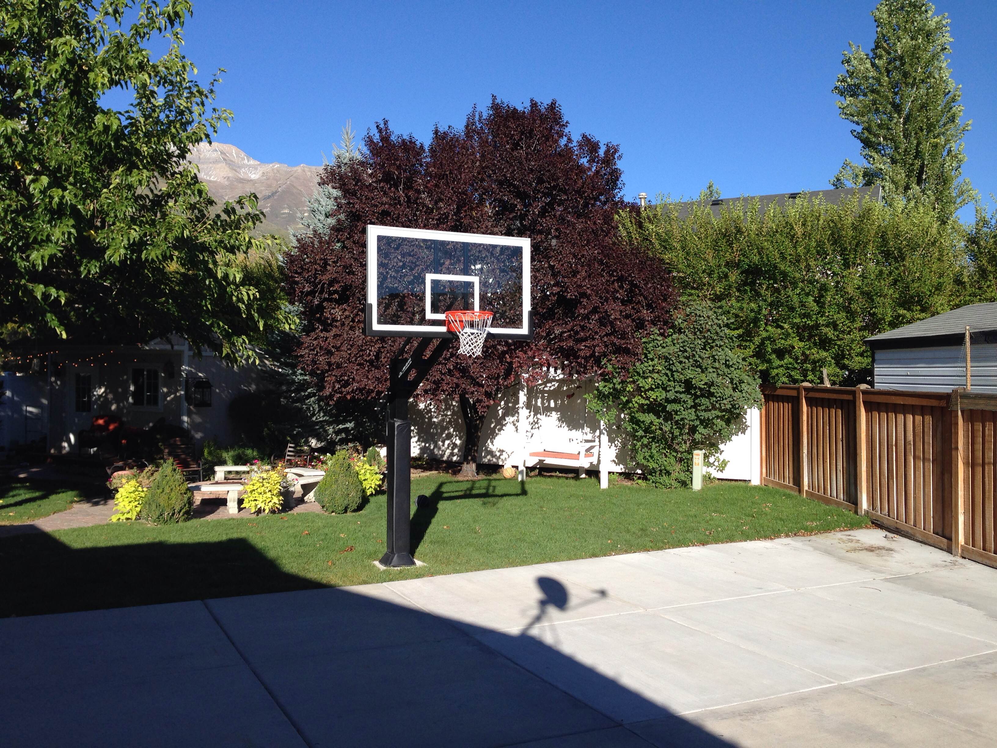 There is her Pro Dunk Platinum Basketball System that is, professionally assembled by her local professional installers, on the side of her large concrete slab court in the backyard of her nice residence.